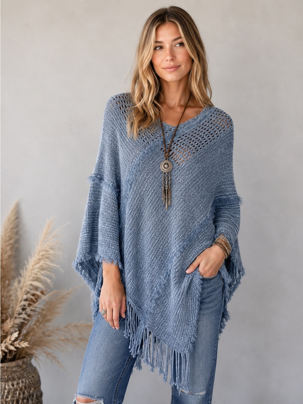 Natural Life Blue Chenille Fringe Knit Poncho One Size NWT